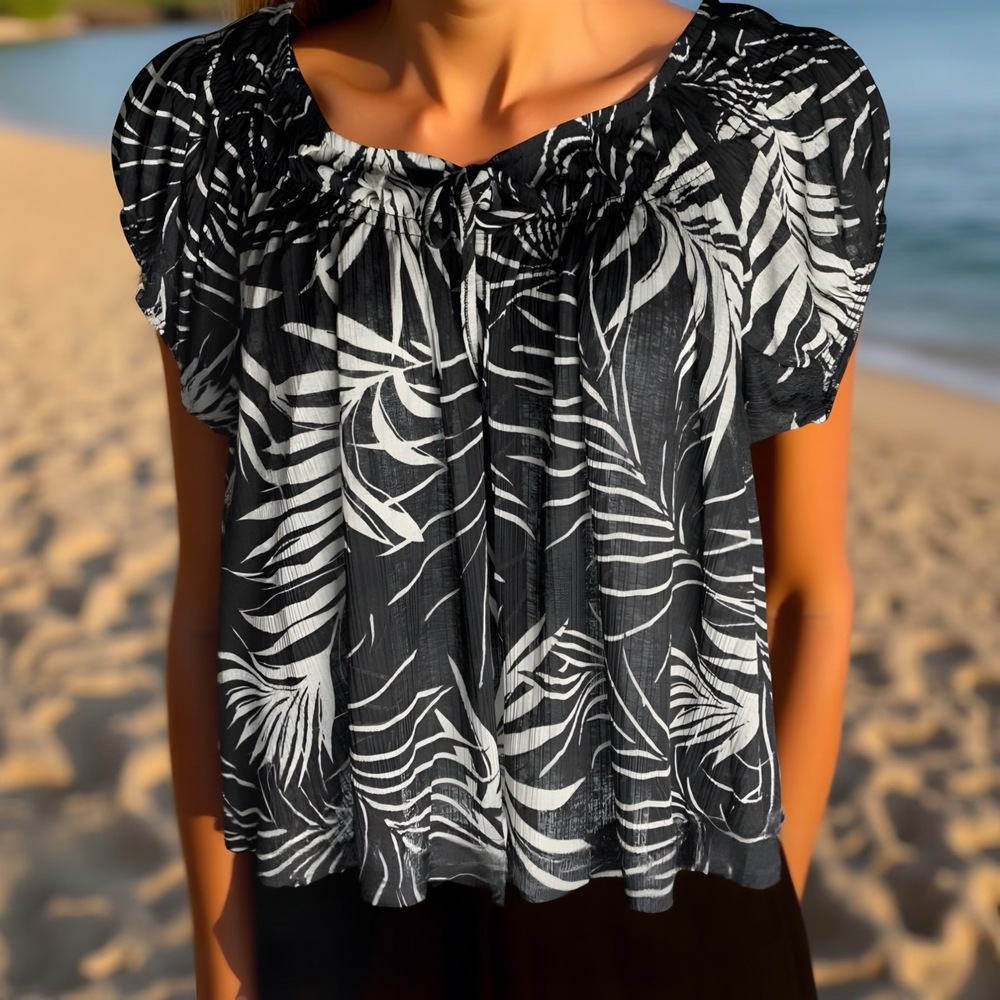 TORRID Tropical Deep Black Cap Sleeve Cropped Peasant Top NWT Size 2X‎